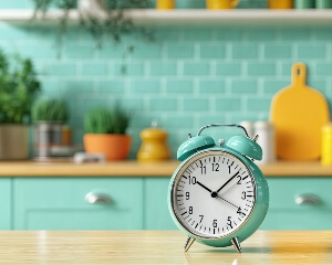 Teal clock in a teal kitchen