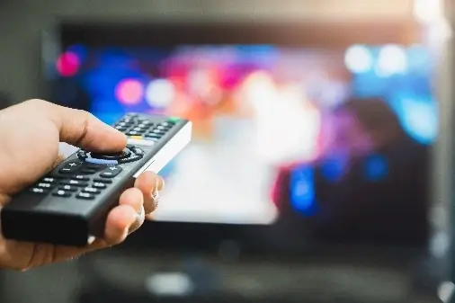 Person holding a remote while watching TV