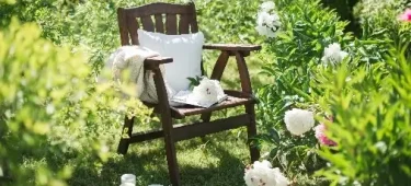 Wooden chair with white pillows and mug in garden