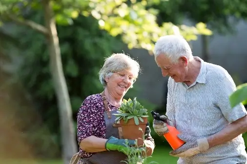 Elderly couple looking at their plants outside