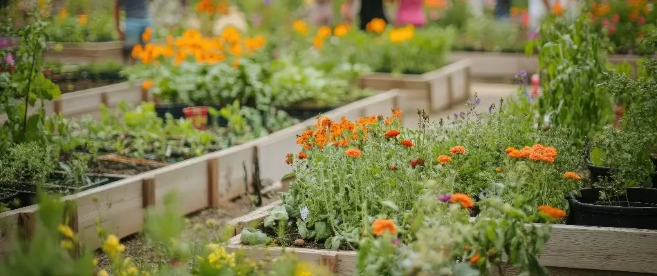 Raised flowerbeds with orange flowers