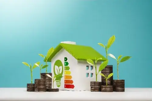 Energy efficent model home against blue background